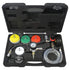 Mastercool 43306 Heavy Duty Cooling System Pressure Test and Refill Kit open case showing color-coded adapters, pressure gauge, vacuum attachments, regulator, and clear tubing