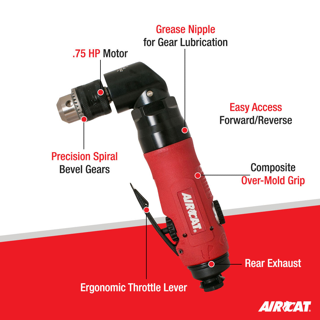 Aircat 4337 Angle Drill diagram highlighting Spiral Bevel Gears, Rear Exhaust, Throttle Lever, and Forward/Reverse knob