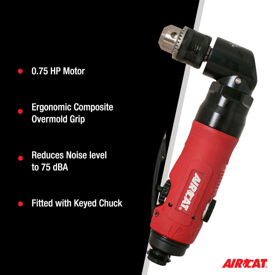 Aircat 4337 Angle Drill feature callout - 0.75 HP Motor, Ergonomic Grip, 75 dBA noise reduction, Keyed Chuck