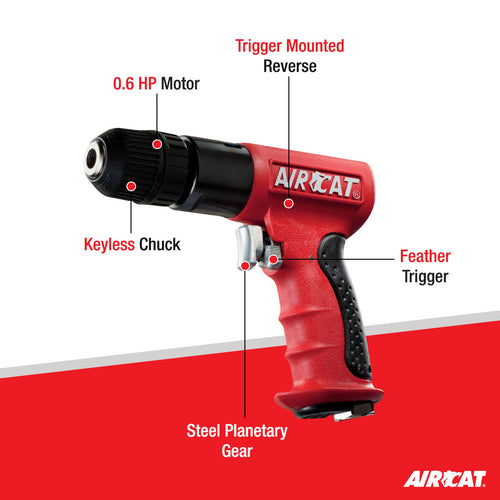 Aircat 4338 feature callout diagram highlighting keyless chuck, 0.6 HP motor, trigger-mounted reverse, feather trigger, and steel planetary gear