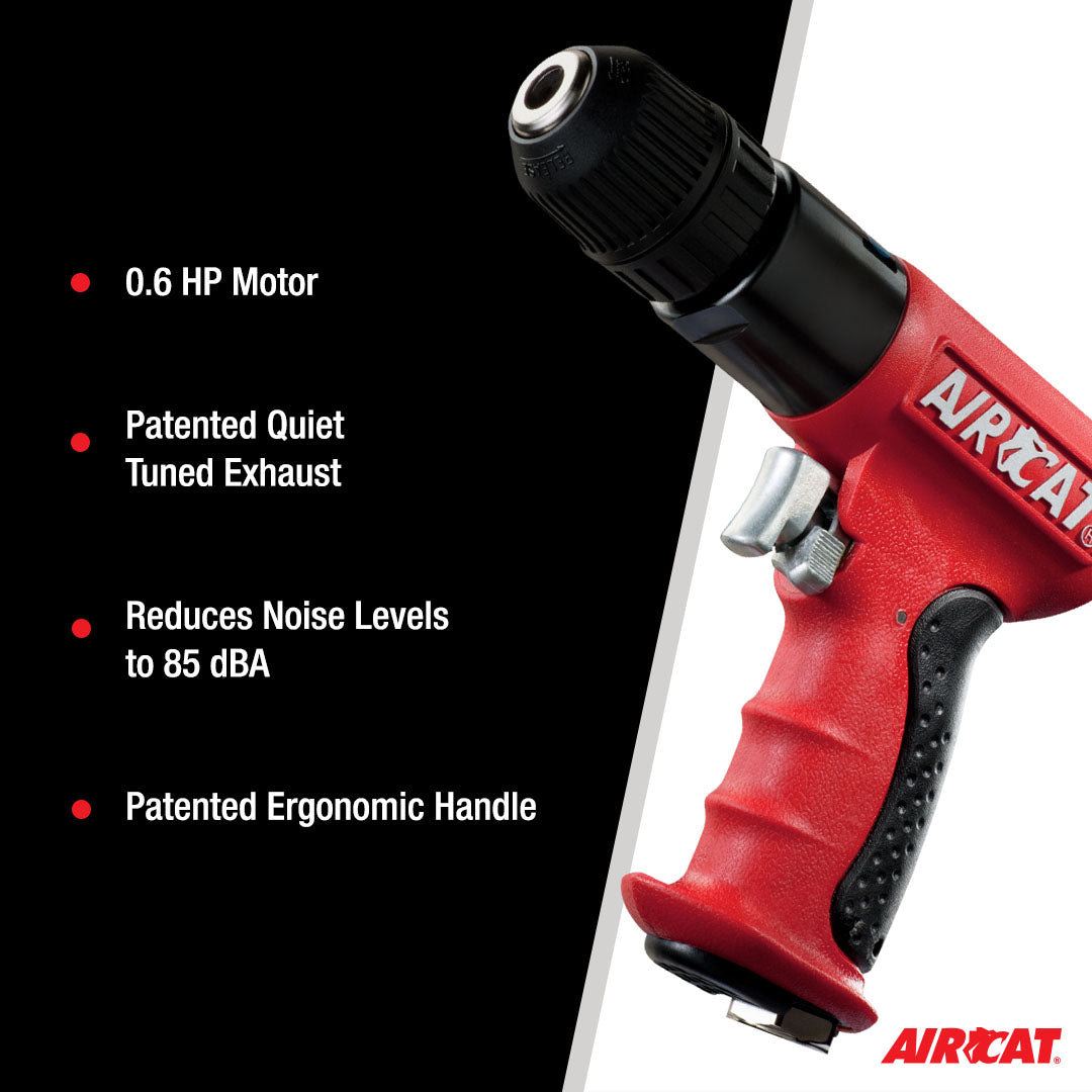Aircat 4338 feature callout highlighting 0.6 HP motor, patented quiet tuned exhaust system, and ergonomic handle reducing noise to 85 dBA