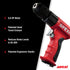 Aircat 4338 feature callout highlighting 0.6 HP motor, patented quiet tuned exhaust system, and ergonomic handle reducing noise to 85 dBA