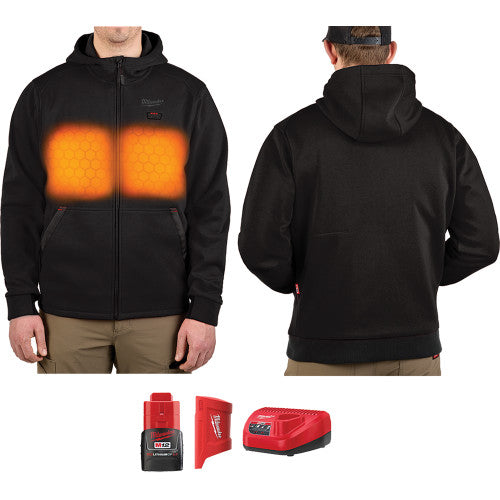 Milwaukee Tool M200B-21S M12™ Heated Hoodie with Hexon Heat Technology™ Kit, Includes (1) Battery Holder, (1) CP2.0 Battery, (1) Charger - Black, Size Small - MPR Tools & Equipment