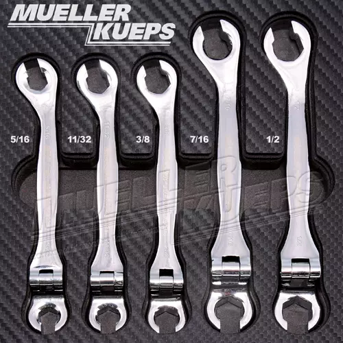 Mueller-Kueps 457-705 5-Piece SAE Line Wrench Kit with Flex Joint - 5/16, 11/32, 3/8, 7/16, 1/2 inch sizes, chrome finish, in storage pouch