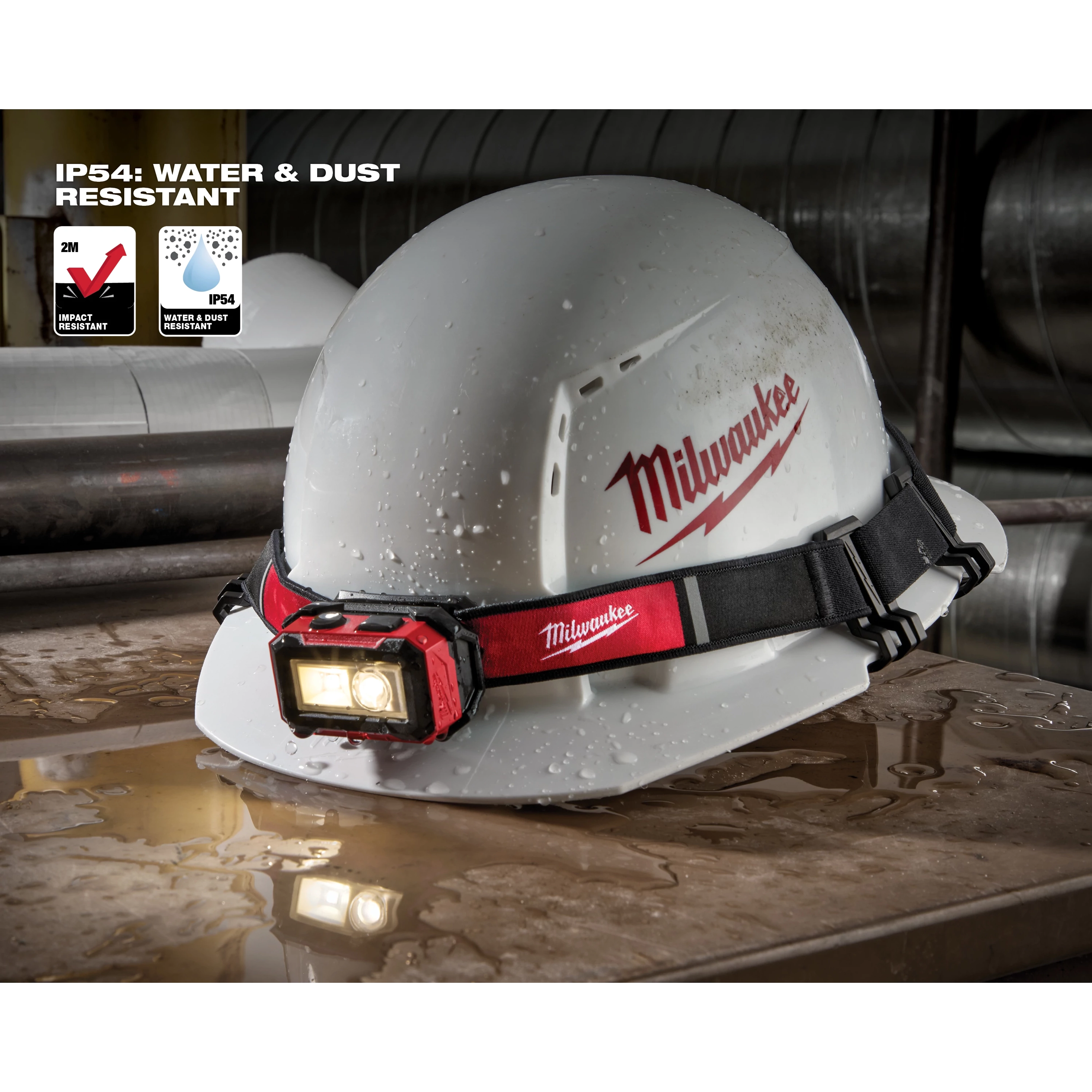 Milwaukee Tool 2012R headlamp on hard hat showing IP54 water and dust resistance rating