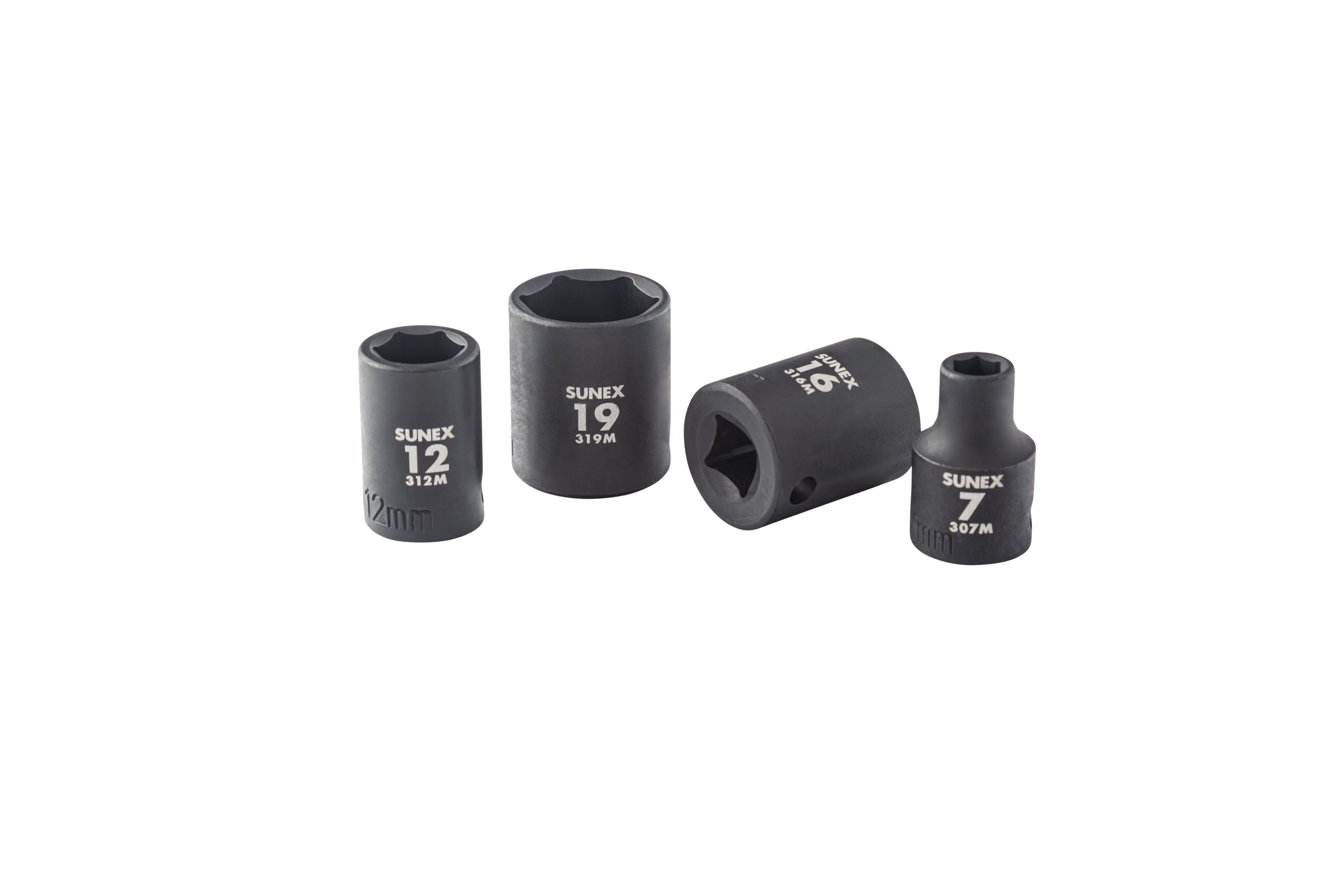 Four Sunex Tools 3/8" drive metric impact sockets (7mm, 12mm, 16mm, 19mm) showing size range