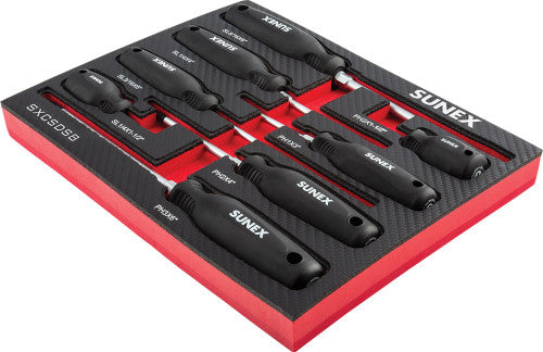 Sunex Tools SXCSDS8 8-Pc Phillips® & Slotted Magnetic Screwdriver Set in EVA Foam Tray with Labeled Slots