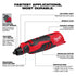 Milwaukee Tool 2525-20 M12 Brushless Rotary Tool feature callout infographic showing integrated collet wrench, brushless motor, variable speed, and LED work light