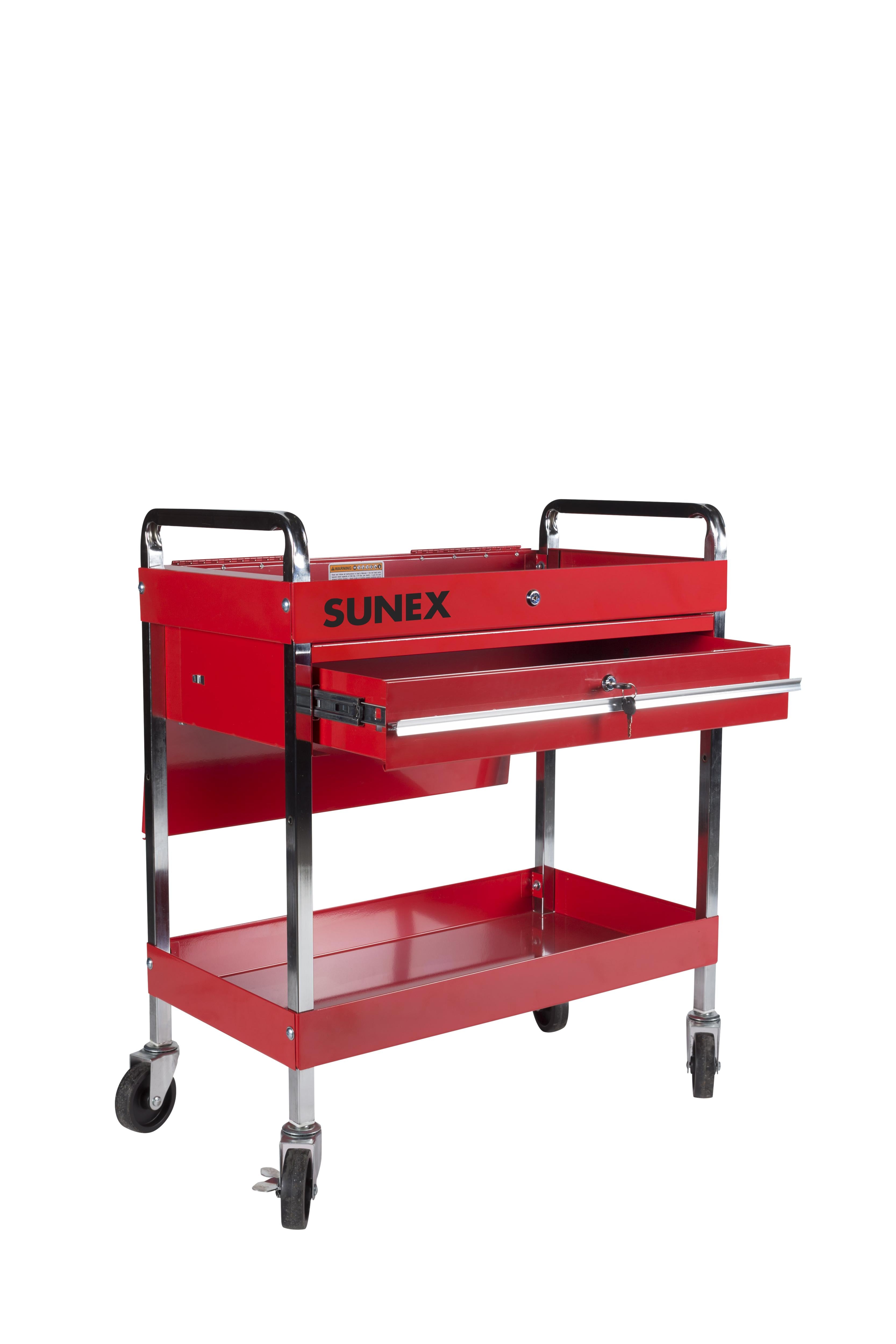 Sunex Tools 8013A Red Service Cart with Locking Top and Locking Drawer, 4-inch casters and chrome 16-gauge steel frame