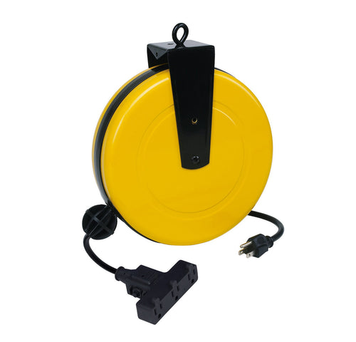 Alert Stamping ProReel ALT-5000A-30GF-CB yellow retractable cord reel with tri-tap outlet, front angle view