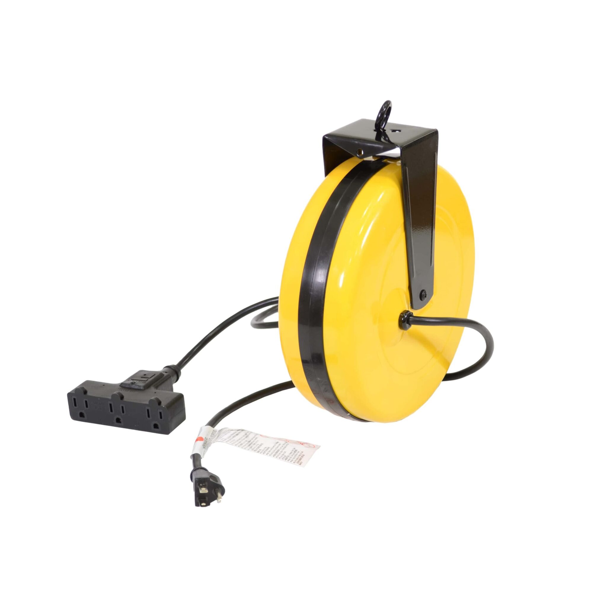 Alert Stamping ProReel ALT-5000A-30GF-CB yellow retractable cord reel with black mounting bracket and tri-tap outlet, opposite angle view