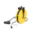 Alert Stamping ProReel ALT-5000A-30GF-CB yellow retractable cord reel with black mounting bracket and tri-tap outlet, opposite angle view