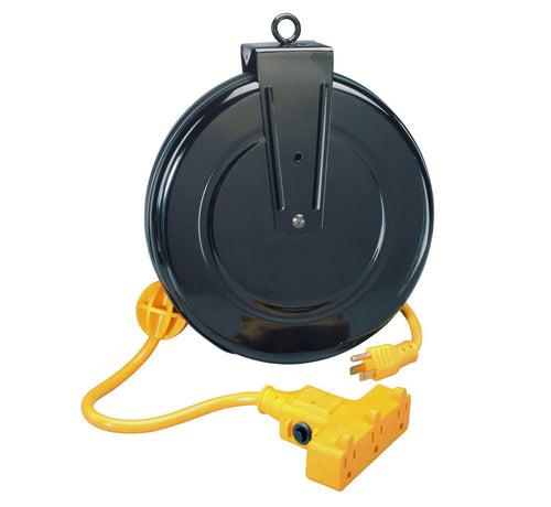 Alert Stamping 5000M-30GF-CB Retractable Cord Reel front angle with yellow tri-tap cord and plug