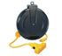 Alert Stamping 5000M-30GF-CB Retractable Cord Reel front angle with yellow tri-tap cord and plug