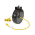 Alert Stamping 5000M-30GF-CB Retractable Cord Reel angled view with black powder coated steel housing and mounting bracket