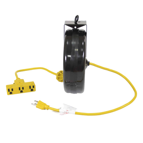 Alert Stamping 5000M-30GF-CB Retractable Cord Reel side view showing yellow 14/3 SJTW cord and tri-tap outlet