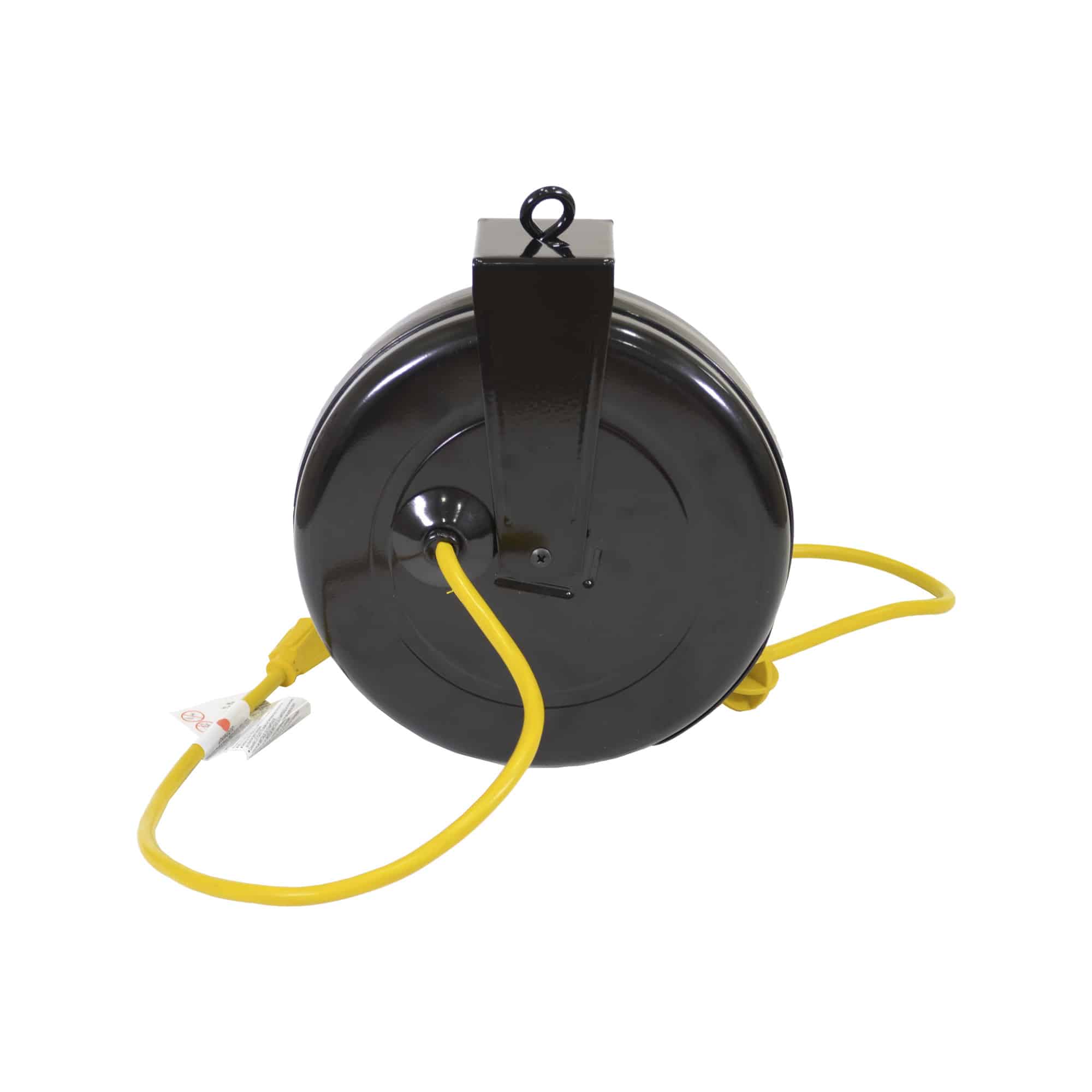 Alert Stamping 5000M-30GF-CB Retractable Cord Reel rear view with yellow cord extended