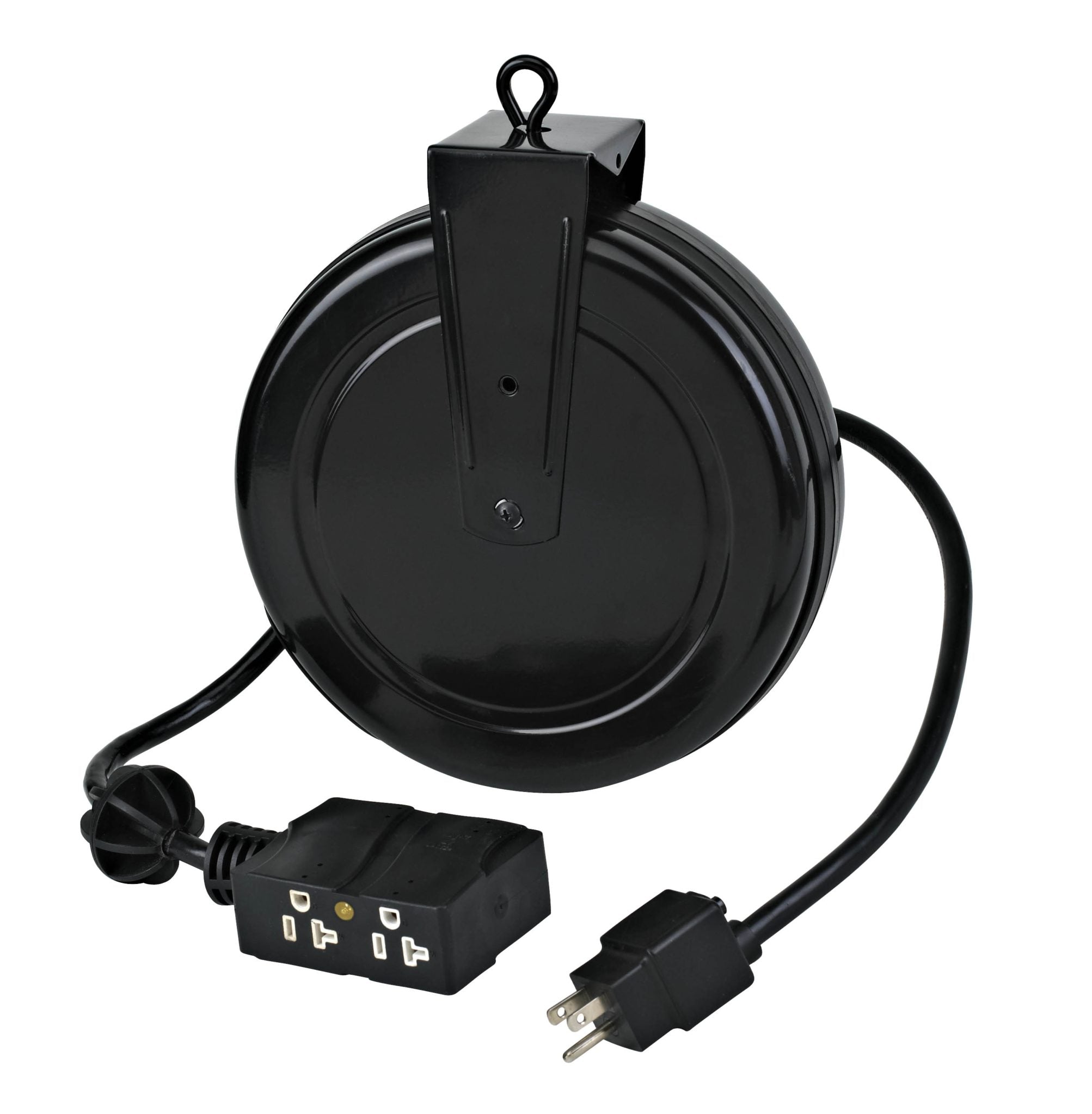 Alert Stamping ALT-5020TF-4C 20ft Retractable Cord Reel front view with 4-outlet tap and plug