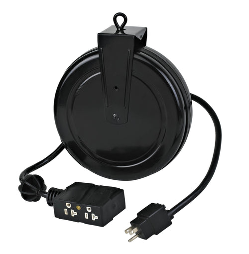 Alert Stamping ALT-5020TF-4C 20ft Retractable Cord Reel front view with 4-outlet tap and plug