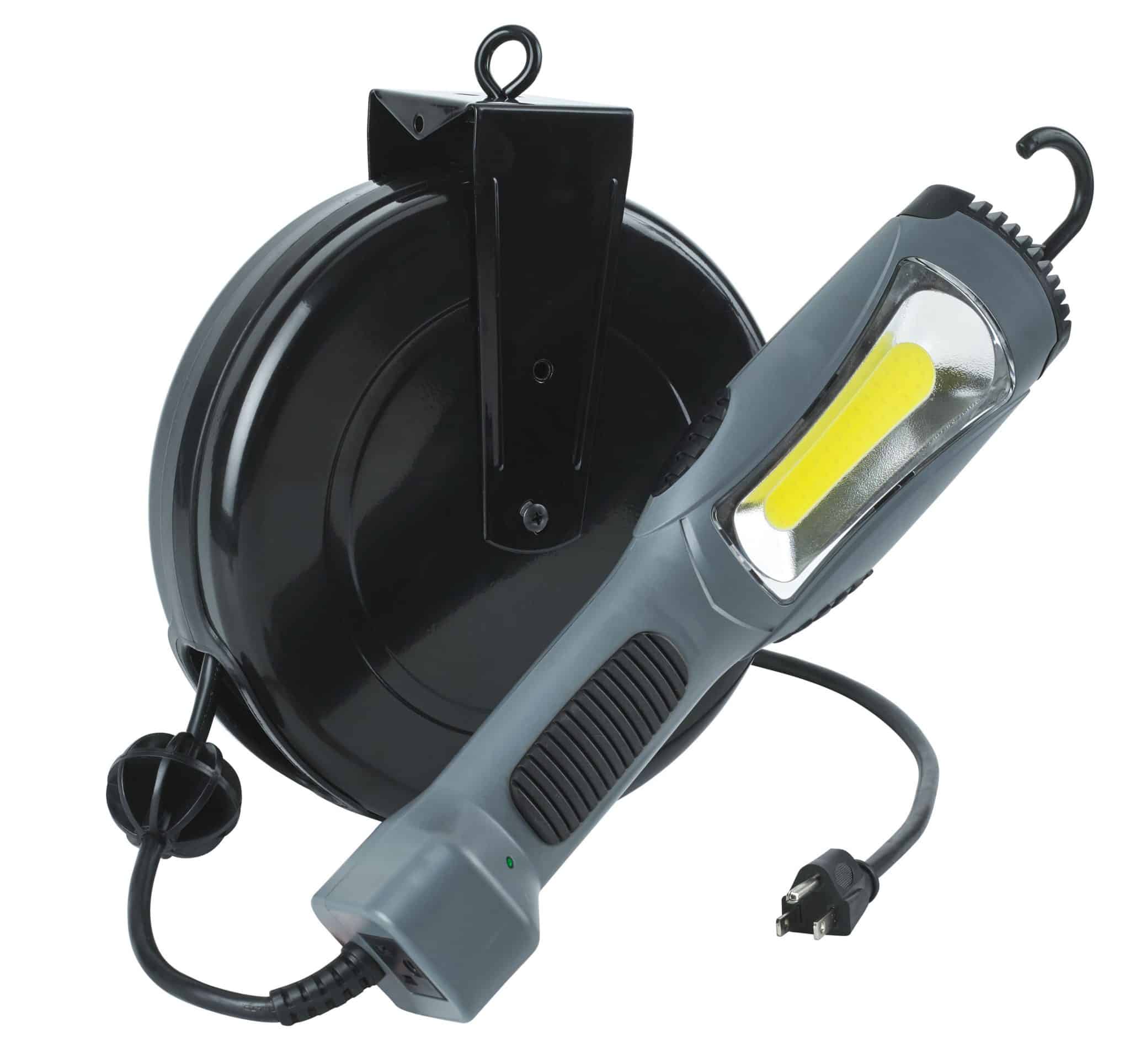 Alert Stamping 5030AM Retractable Cord Reel with COB LED Work Light, 30ft black/grey