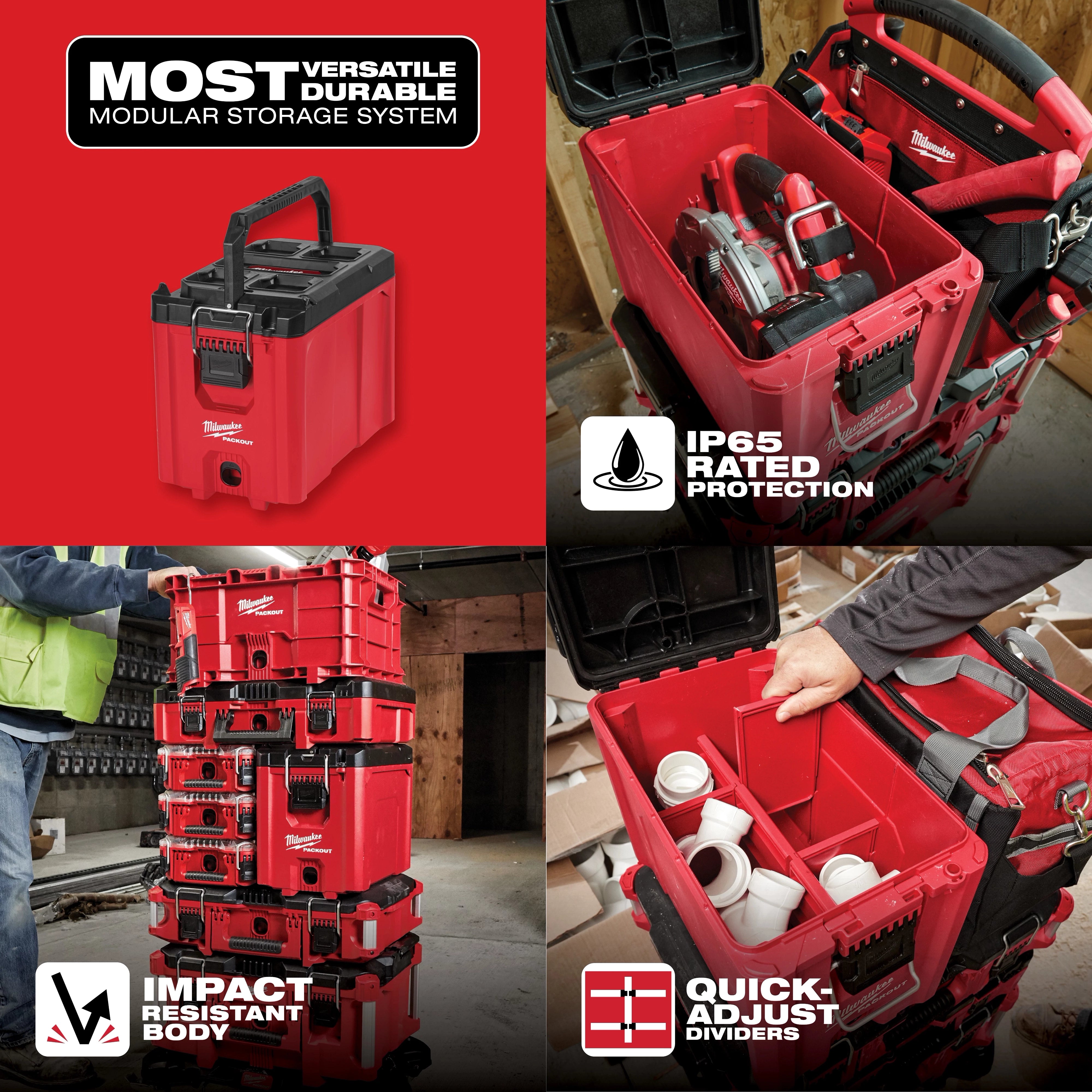 Milwaukee PACKOUT Compact Tool Box feature infographic highlighting IP65 rated protection, impact resistant body, and quick-adjust dividers