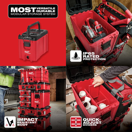 Milwaukee PACKOUT Compact Tool Box feature infographic highlighting IP65 rated protection, impact resistant body, and quick-adjust dividers