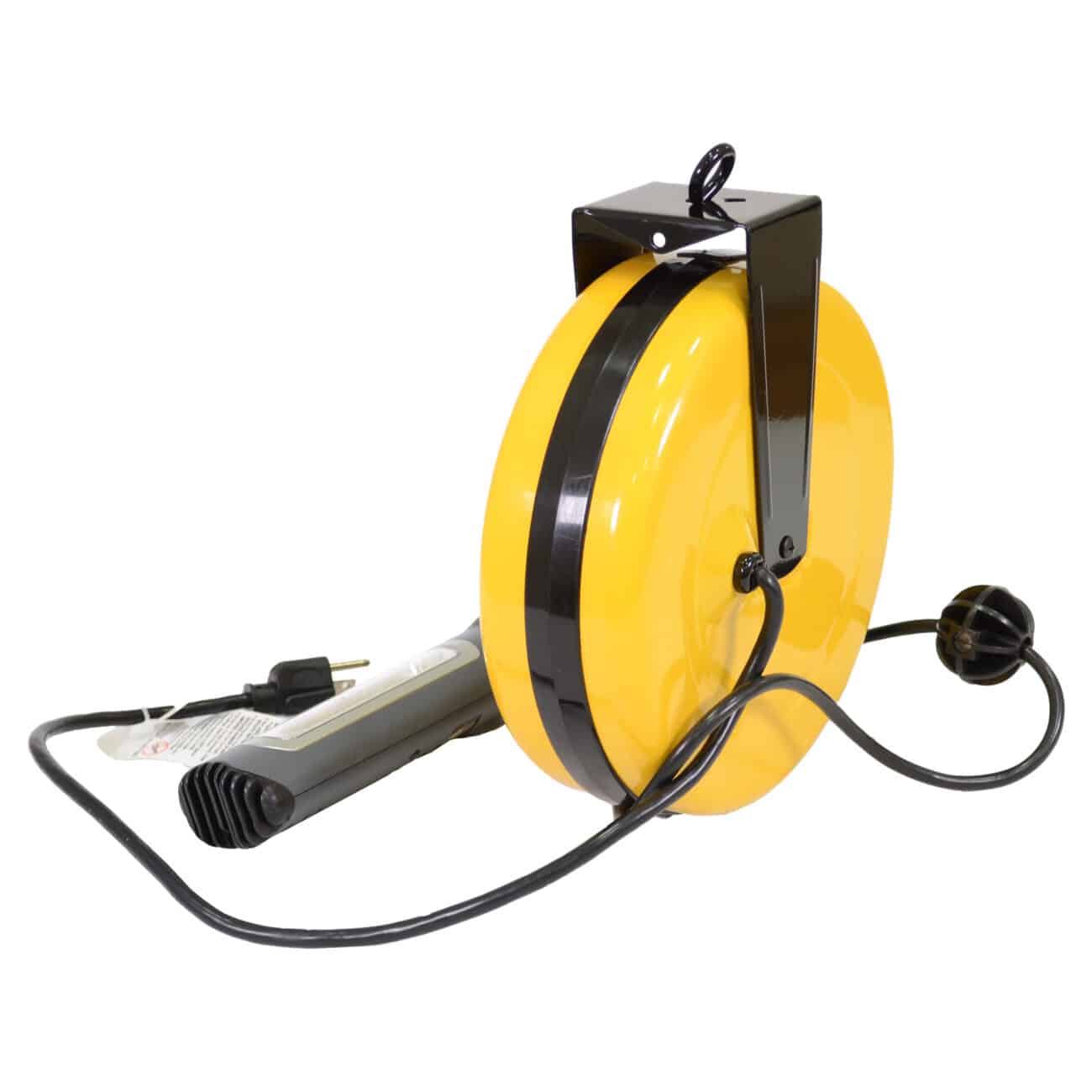 Alert Stamping 5050CL8 yellow ProReel retractable cord reel side angle view on white background