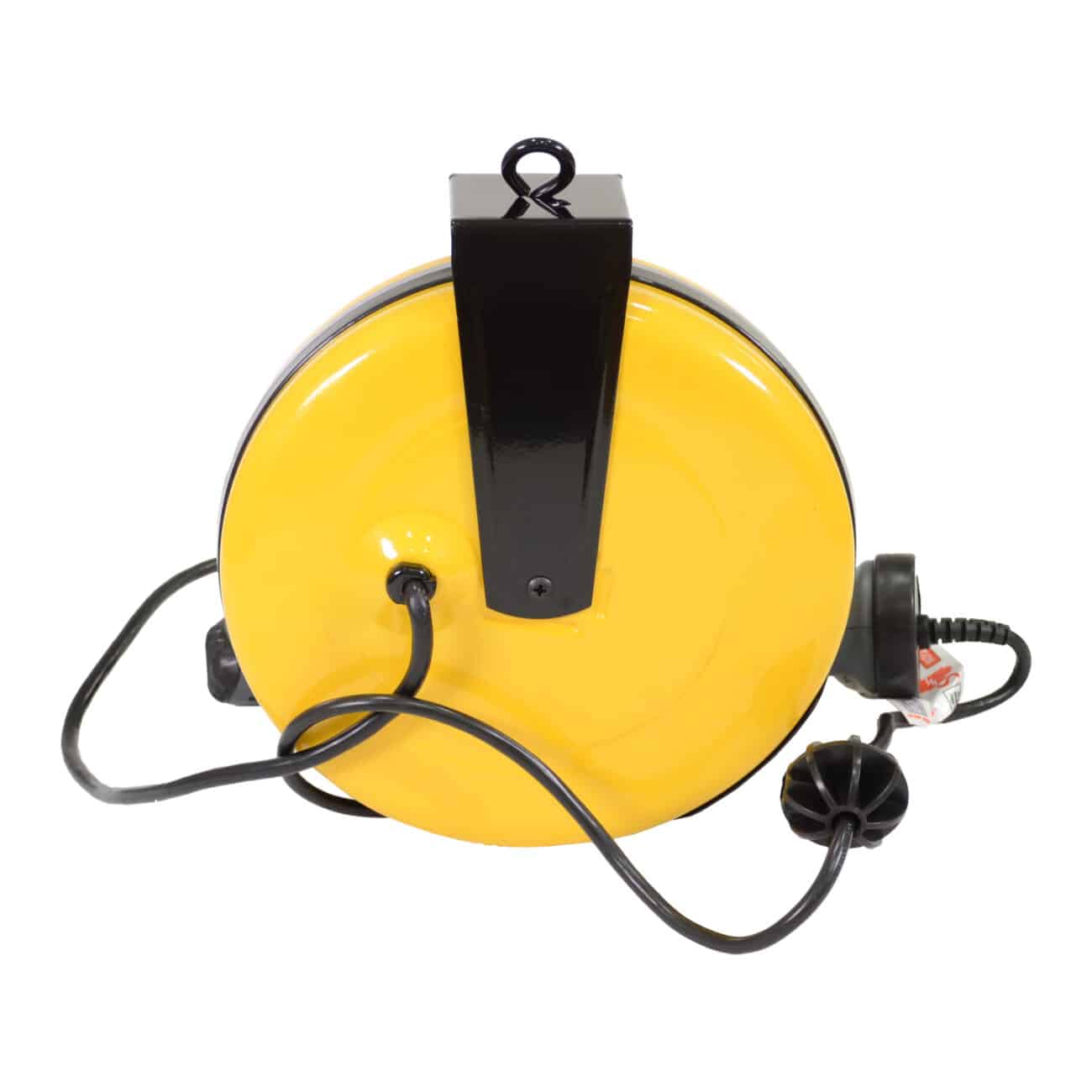 Alert Stamping 5050CL8 yellow powder coated retractable cord reel rear angle view on white background