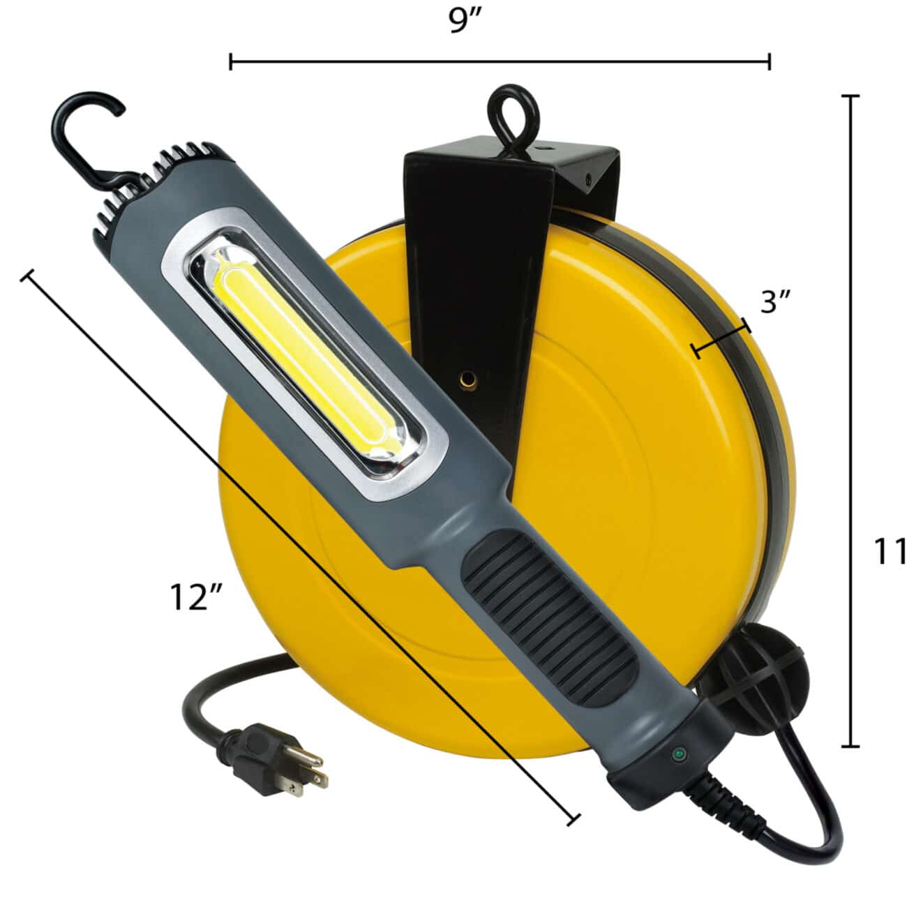 Alert Stamping 5050CL8 retractable cord reel with LED work light showing 9x3x11 inch dimensions