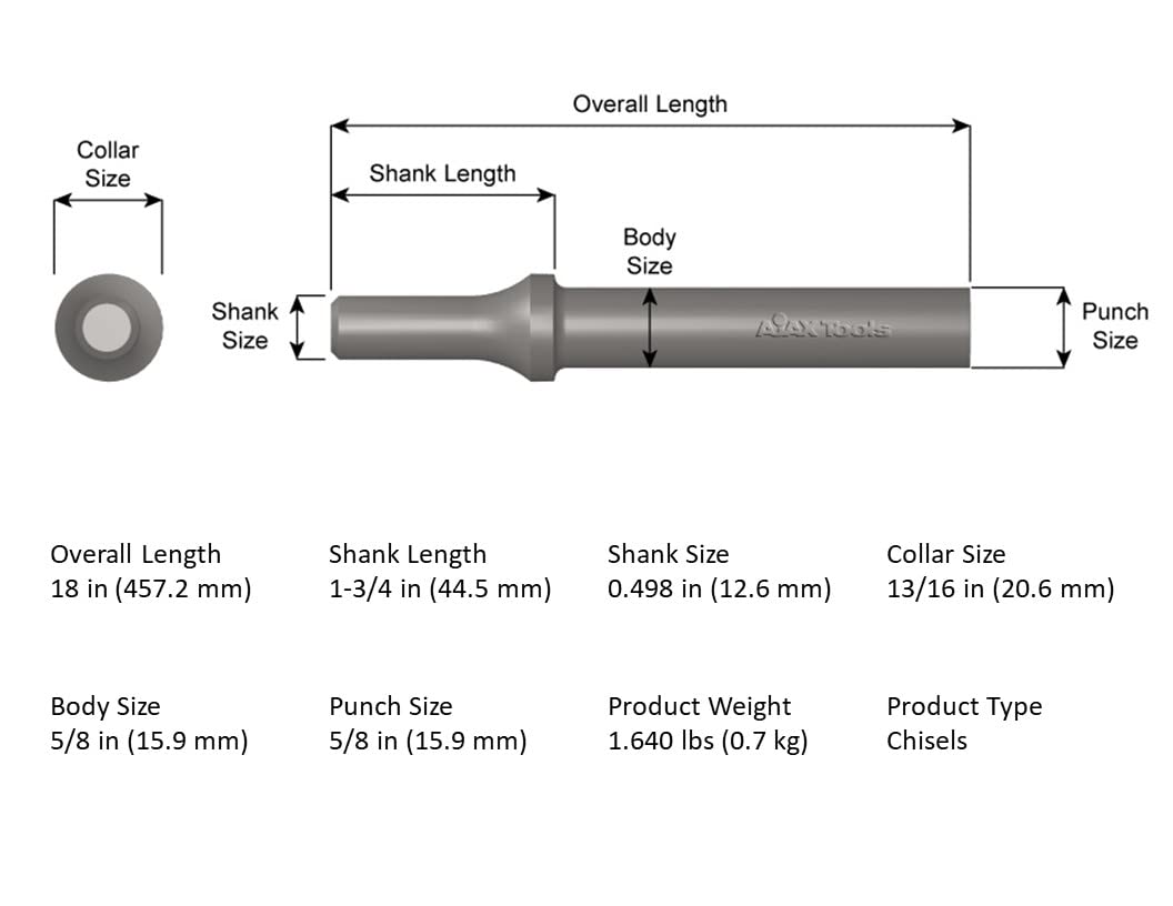 Ajax Tool Works A963 Straight Punch dimension diagram showing 18in OAL, .498in shank, 5/8in punch size