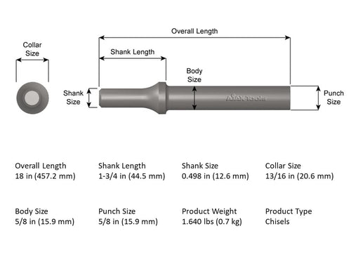 Ajax Tool Works A963 Straight Punch dimension diagram showing 18in OAL, .498in shank, 5/8in punch size