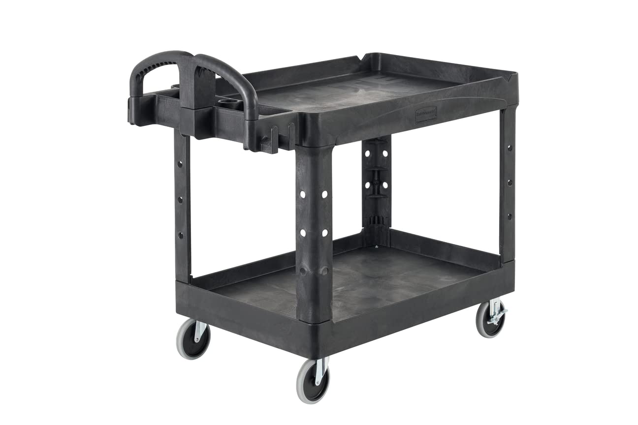 Rubbermaid Commercial Products RCPFG452088BLA Heavy-Duty Ergo Handle Utility Cart, Lipped Shelf, Medium, 500 lb Capacity - Black
