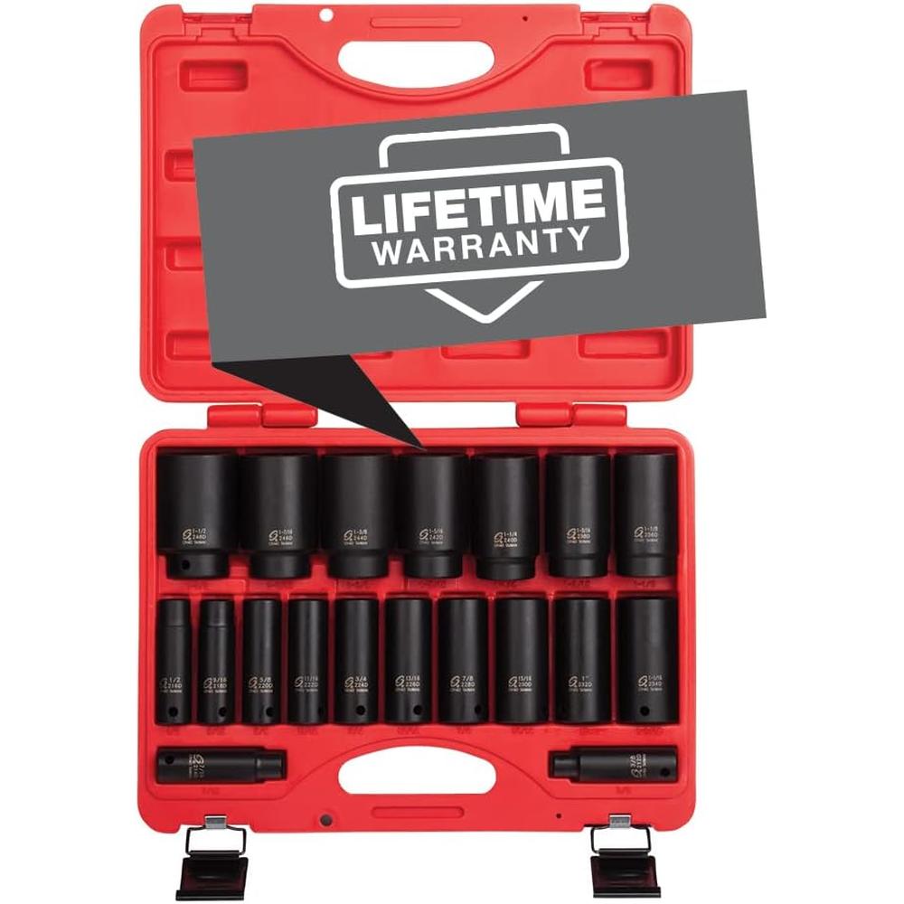 Sunex Tools 2641 1/2 in. Drive Deep Impact Socket Set, 19 pieces, SAE, 3/8" - 1-1/2", Cr-Mo Alloy Steel, Radius Corner Design, Dual Size Markings, Heavy Duty Storage Case