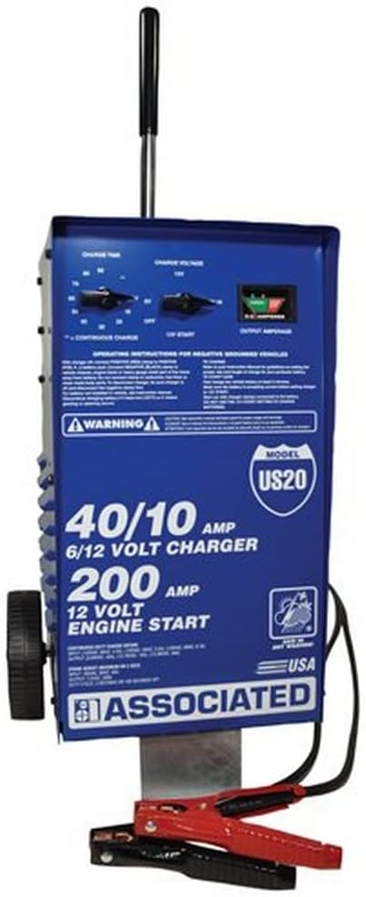 Associated Equipment US20 40/10 Amp 6/12 Volt Battery Charger with 200 Amp 12 Volt Engine Start, blue steel body with battery clamps, Made in USA