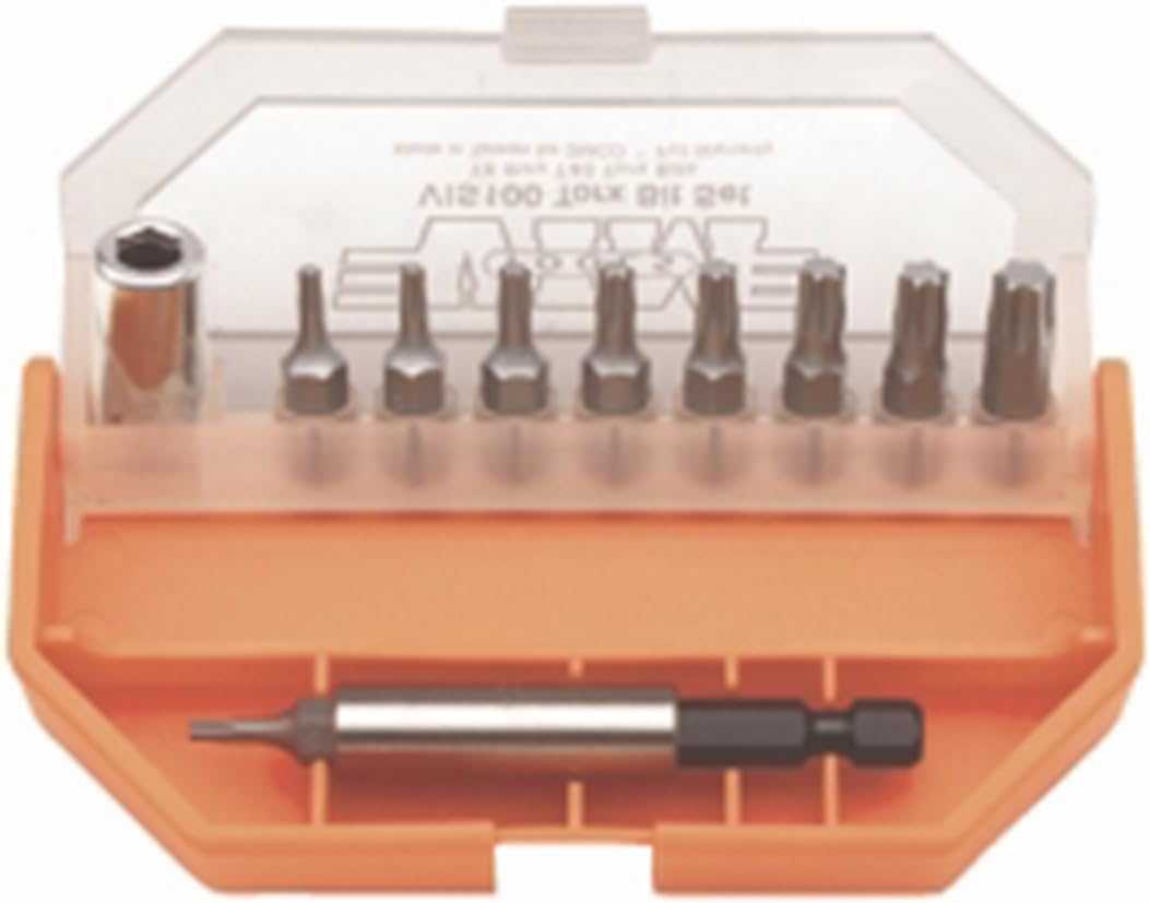 VIM Tools VIS100 Torx T8 à T40 Ensemble de 11 pièces, tournevis magnétique hexagonal 1/4" et porte-embout, boîte orange