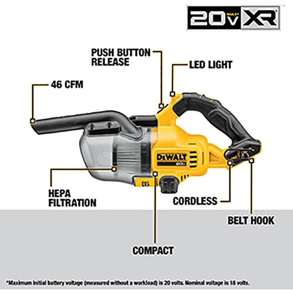 Dewalt DCV501HB ASPIRATEUR À MAIN SEC 20V MAX AVEC 7 ACCESSOIRES (OUTIL NU), 46 CFM, LUMIÈRE LED, FILTRATION HEPA