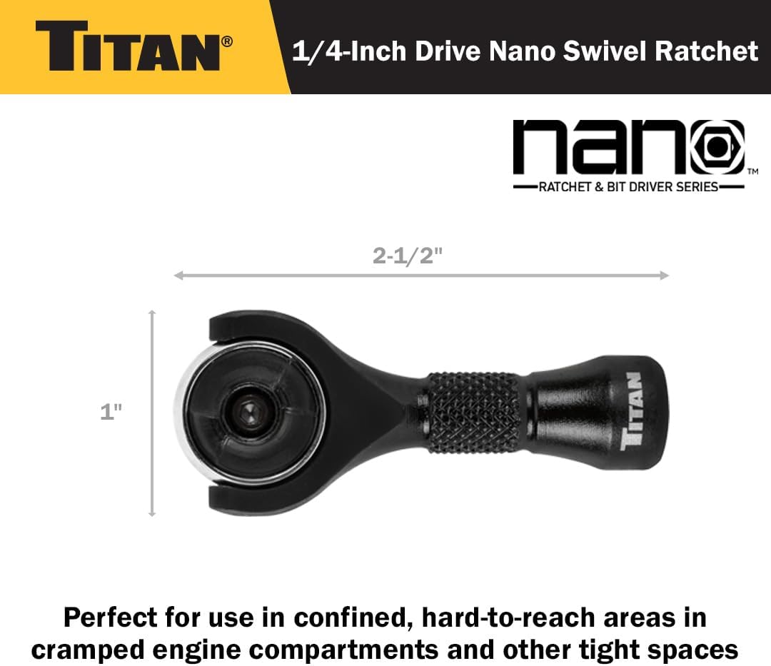 Titan Tools 11330 2-1/4" Long, 1/4" Dr. Reversible Nano Swivel Ratchet, 90-Tooth, 250-Degree Swivel Head