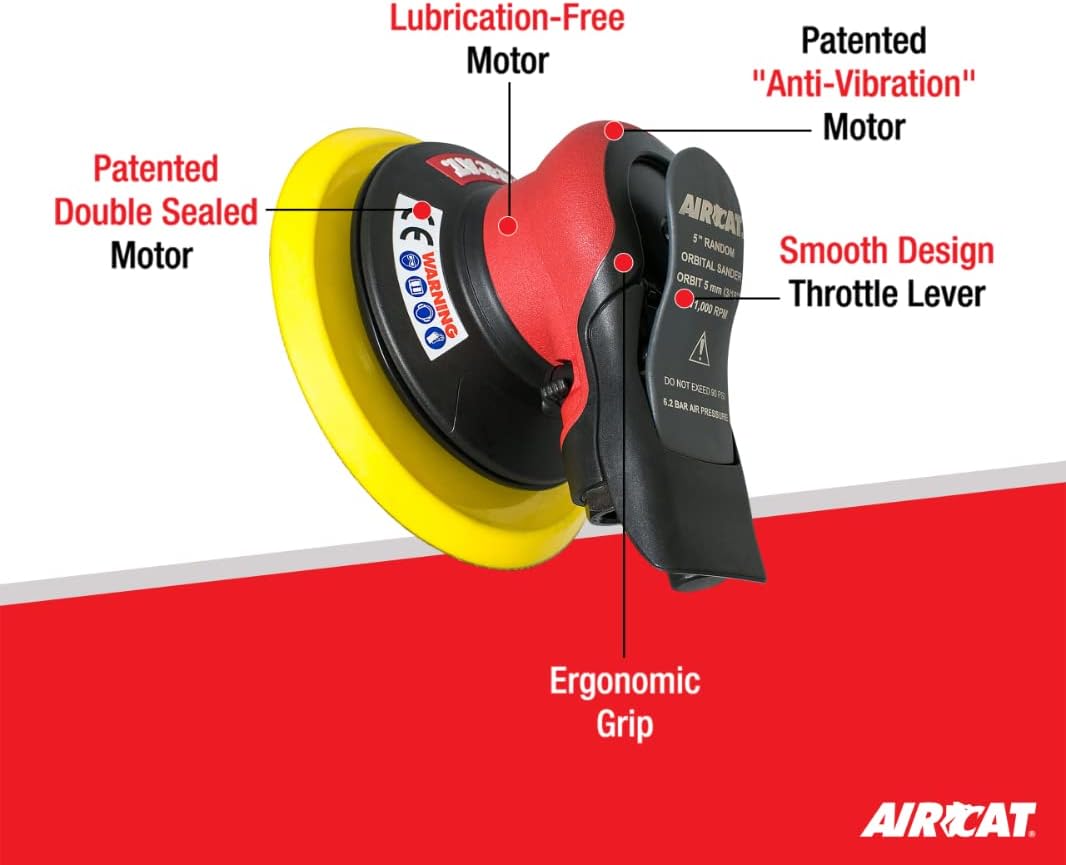Aircat 6700-5-336 Orbital Palm Sander feature callout diagram highlighting lubrication-free motor, patented double sealed motor, anti-vibration motor, smooth throttle lever, and ergonomic grip