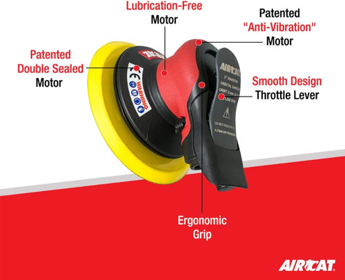 Aircat 6700-5-336 Orbital Palm Sander feature callout diagram highlighting lubrication-free motor, patented double sealed motor, anti-vibration motor, smooth throttle lever, and ergonomic grip