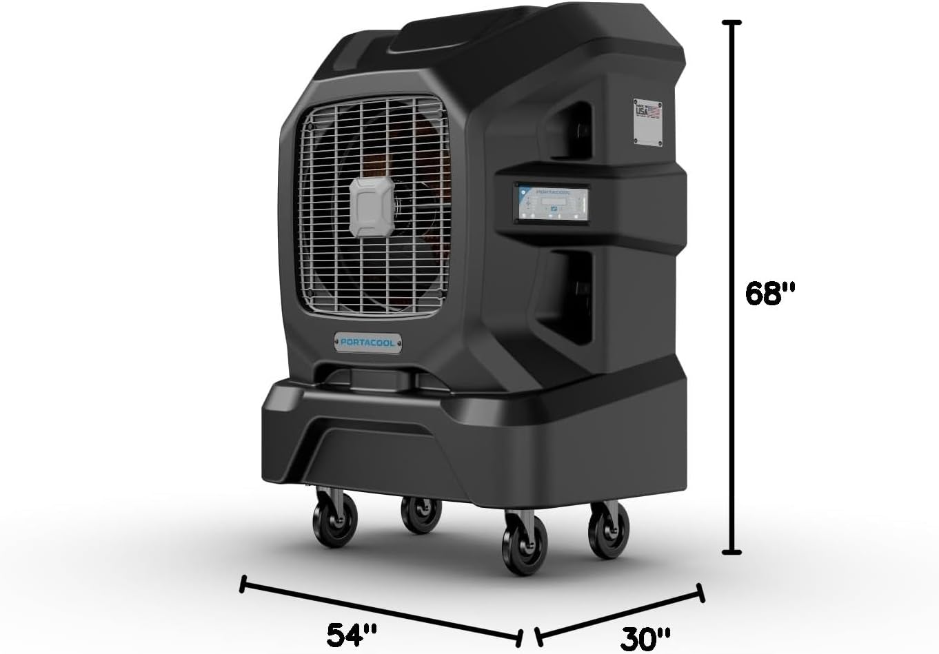 Portacool Apex 2000 PACA20001A1 side angle view with dimensions 54 in wide, 30 in deep, 68 in tall