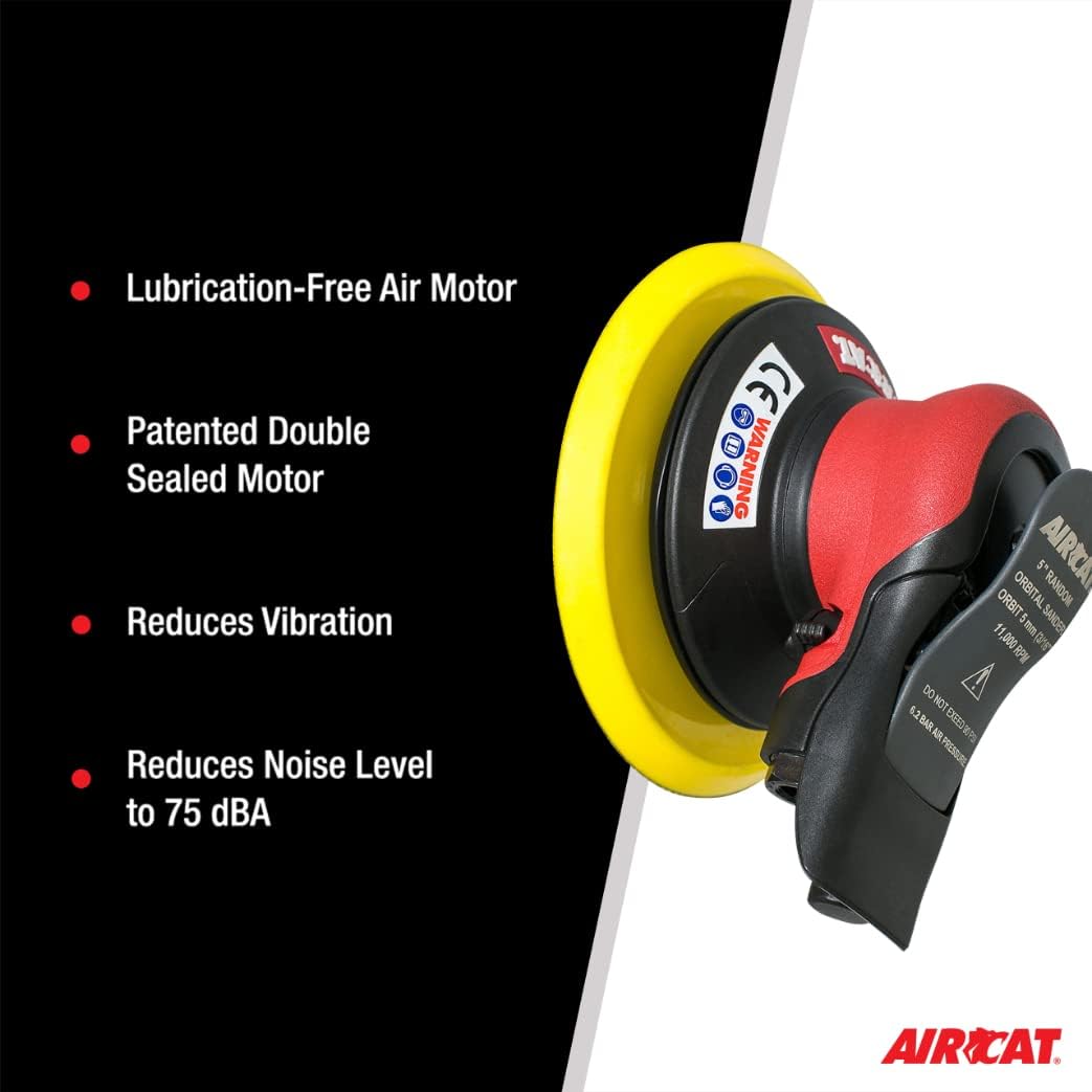 Aircat 6700-5-336 Orbital Palm Sander key features infographic: lubrication-free air motor, patented double sealed motor, reduces vibration, reduces noise to 75 dBA