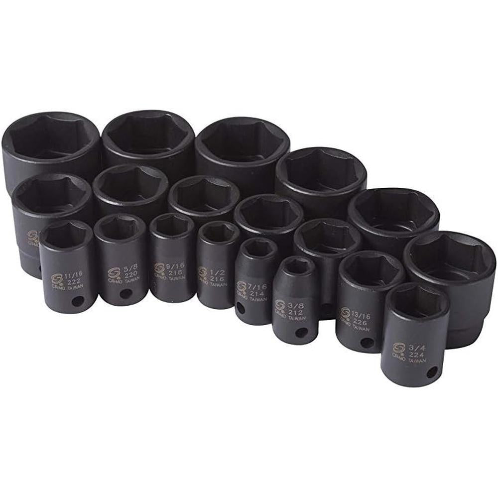 Sunex Tools 2640 1/2 in. Drive Impact Socket Set, 19 pieces, SAE, 3/8 in. 1-1/2 in., Cr-Mo Alloy Steel, Radius Corner Design, Dual Size Markings, Heavy Duty Storage Case, Meets ANSI Standards