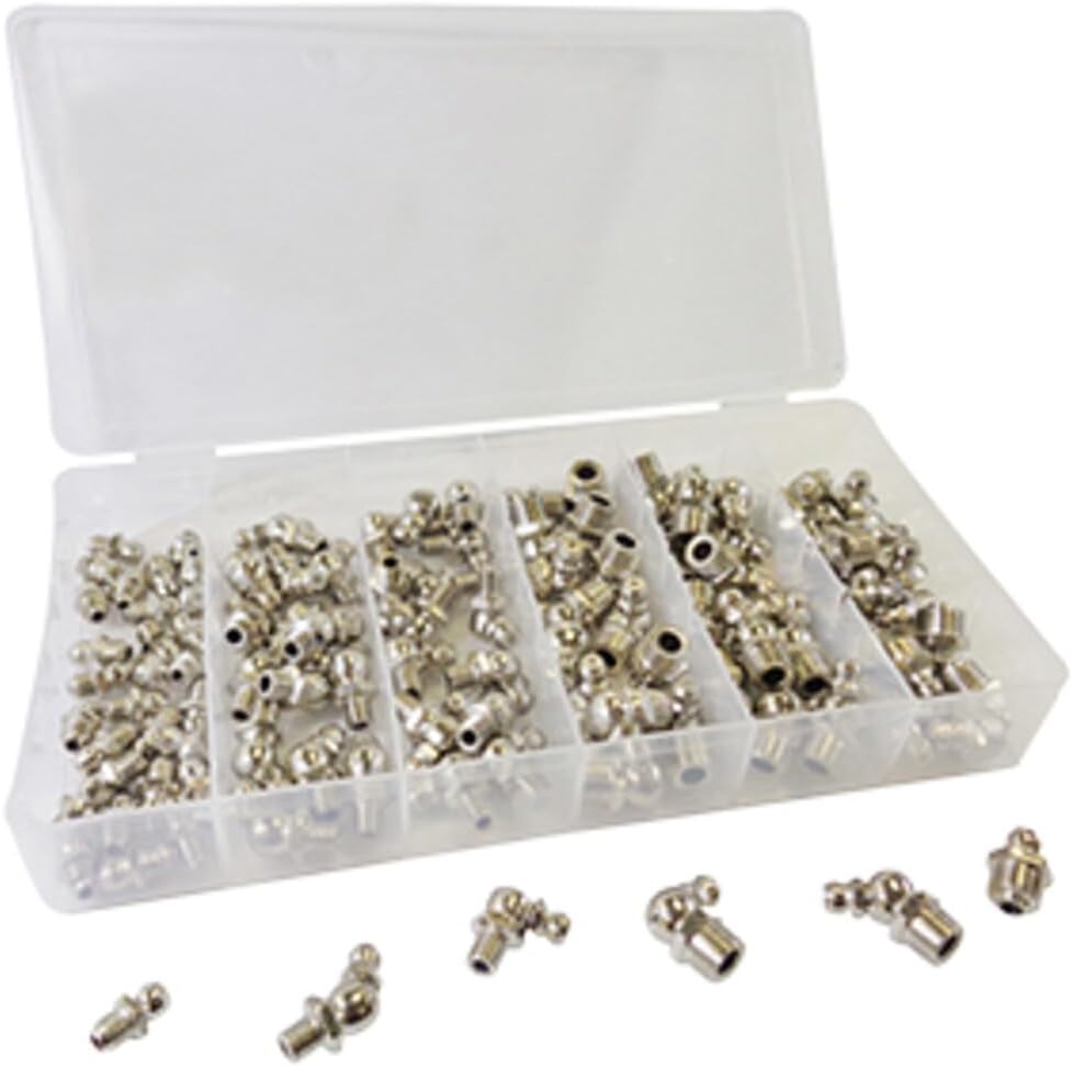 ATD Tools ATD-357 110-Piece Grease Zerk Fitting Assortment in plastic storage case with straight, 45-degree, and 90-degree fittings
