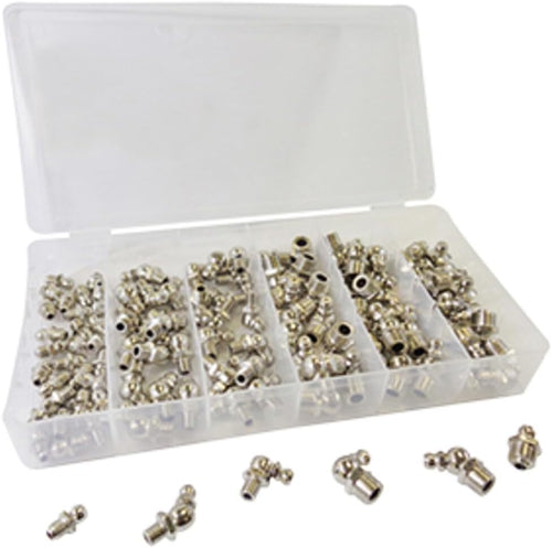 ATD Tools ATD-357 110-Piece Grease Zerk Fitting Assortment in plastic storage case with straight, 45-degree, and 90-degree fittings