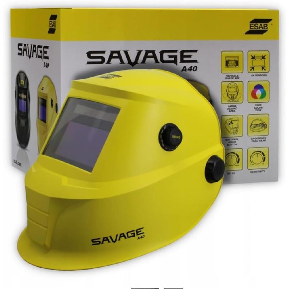 ESAB 700000491 Yellow Savage A40 Welding Helmet, Din 4, 9-13, 100mm X 50mm Viewing Area, External Grind Mode Button