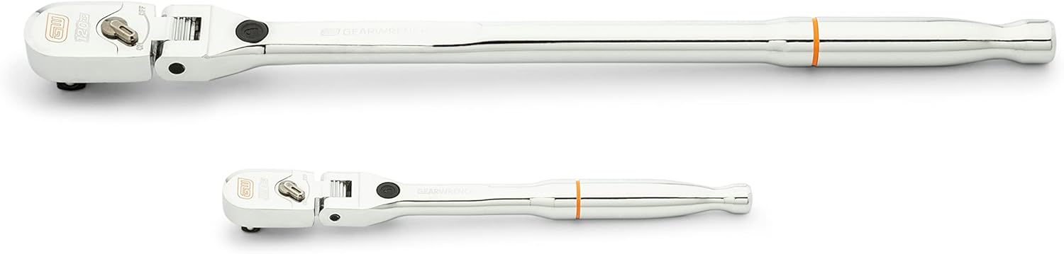 Gearwrench 81380 120XP 2-Piece Flex Head Ratchet Set, full polish chrome, overhead view of both ratchets