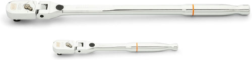 Gearwrench 81380 120XP 2-Piece Flex Head Ratchet Set, full polish chrome, overhead view of both ratchets