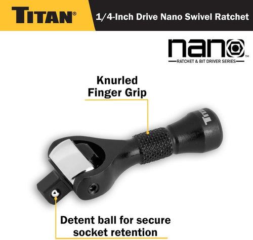 Titan Tools 11330 Clé à cliquet pivotante Nano réversible de 2-1/4 po de long, 1/4 po de profondeur, 90 dents, tête pivotante à 250 degrés