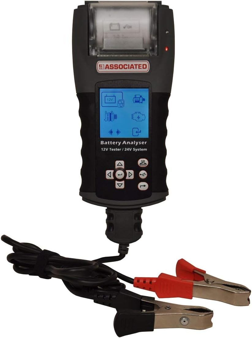 Associated Equipment 12-2415 Graphical Hand Held Battery Tester with Printer, showing LCD display, navigation buttons, integrated thermal printer, and red and black clamp leads