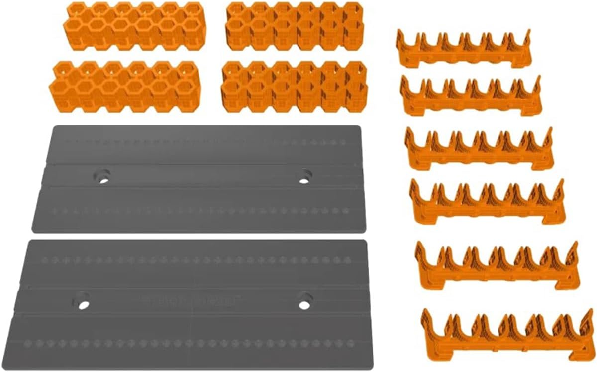 Tool Grid TGH-HXBT Hex Bit Holder Kit components - 2 gray platforms, 4 honeycomb holders, and 6 clip holders laid out